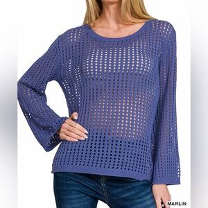 🩵Hello Gorgeous! Zenana Hollow Out Long Sleeve Sweater- Marlin